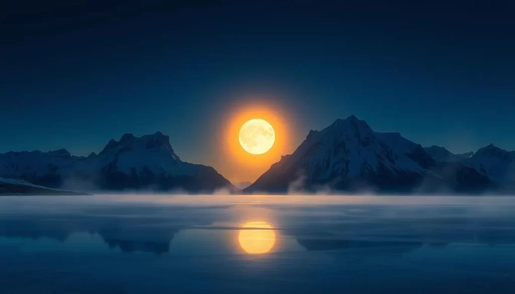 A serene, midnight landscape in the Arctic Circle, where the glowing, golden orb of the midnight sun hangs low in the dusky, indigo sky. Rugged, snow-capped peaks rise in the distance, their jagged silhouettes casting long, dramatic shadows across the pristine, frozen tundra. In the foreground, a glassy lake reflects the ethereal, celestial light, creating a mesmerizing, mirror-like effect. Wisps of mist drift lazily across the tranquil scene, adding an ethereal, dreamlike quality. The overall mood is one of awe-inspiring natural beauty, tranquility, and the unique, otherworldly atmosphere of the Arctic summer.