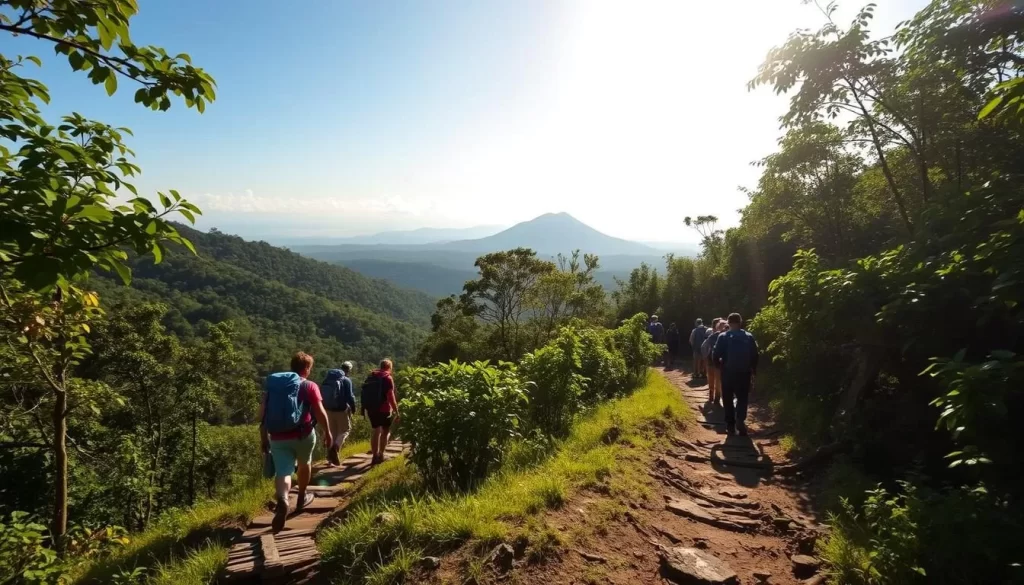 A serene mountain trail winding through lush, verdant forests in Rwanda's Volcanoes National Park. Hikers trekking under a bright, sun-dappled sky, their backpacks and hiking gear visible. In the distance, the silhouettes of volcanic peaks rise majestically. Dappled light filters through the canopy, casting a warm, natural glow on the scene. The trail is well-maintained, with roots and rocks providing natural steps. Adventurous yet tranquil, this image captures the essence of trekking in Rwanda's stunning natural landscapes during the ideal weather conditions.