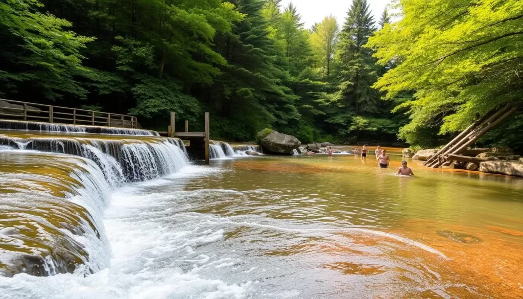 A serene oasis nestled amidst the lush New Hampshire forests, Diana's Baths features a series of cascading waterfalls and natural pools, their crystal-clear waters glistening under the warm sun. The foreground showcases the main waterfall, its frothy cascades tumbling over smooth, moss-covered rocks. In the middle ground, several figures wade in the refreshing pools, enjoying the picturesque setting. The background reveals the verdant, towering trees that frame the scene, casting gentle shadows and creating a peaceful, tranquil atmosphere. Capture the scene with a wide-angle lens to fully immerse the viewer in the natural beauty of this stunning New Hampshire landmark.
