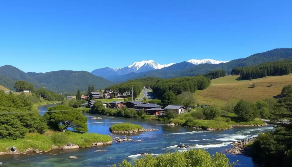A serene panorama of Yamagata Prefecture's breathtaking landscapes, showcasing its lush, rolling hills and majestic mountains in the distance. The foreground features a picturesque river or stream, its crystal-clear waters reflecting the surrounding foliage and the clear, azure sky above. In the middle ground, traditional Japanese farmhouses and structures nestle among the verdant vegetation, creating a harmonious blend of nature and human settlement. The background is dominated by the towering, snow-capped peaks of the Dewa Mountains, their rugged beauty casting a sense of awe and wonder. The lighting is soft and natural, highlighting the vibrant colors and textures of the scene. The overall composition conveys a serene, tranquil atmosphere, inviting the viewer to immerse themselves in the beauty of this hidden gem of Japan.