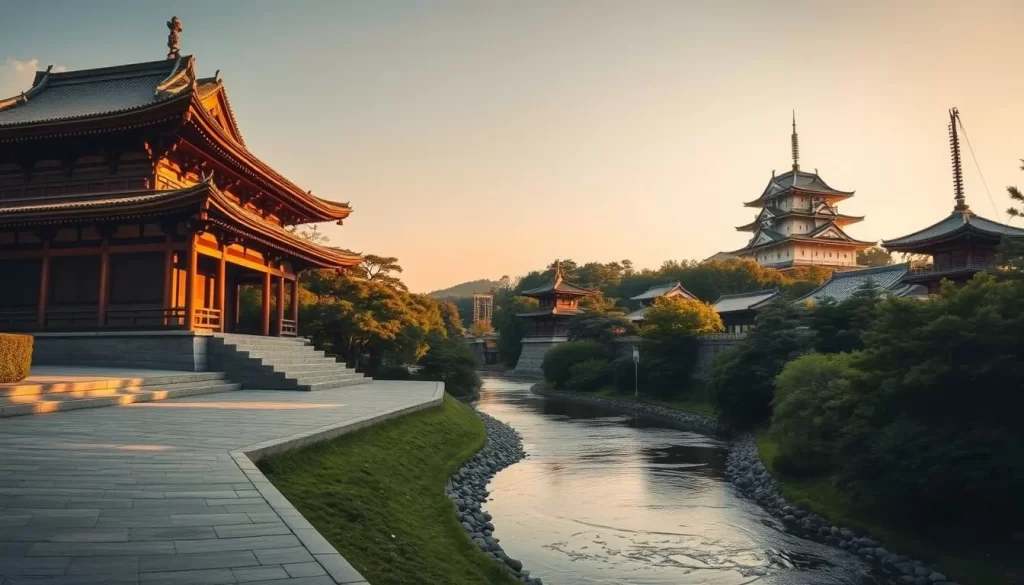 A serene panorama of the revered Kansai temples, bathed in the warm glow of the afternoon sun. In the foreground, the iconic architecture of Kiyomizudera temple rises majestically, its wooden structures and intricate carvings casting intricate shadows on the stone pathways below. In the middle ground, a gentle stream flows, its waters reflecting the lush green foliage and the ancient pagodas that dot the landscape. Further in the distance, the imposing form of Himeji Castle stands tall, its white walls and distinctive roofs a testament to the region's rich cultural heritage. The scene exudes a sense of timeless tranquility, inviting the viewer to immerse themselves in the spiritual and historical significance of this revered Kansai landscape.