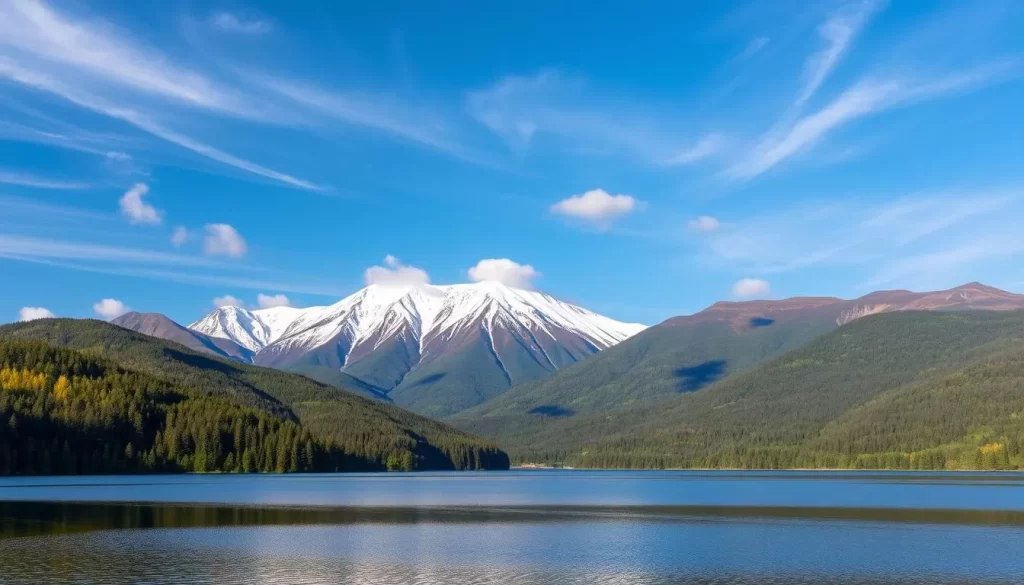 A serene, panoramic landscape of Akan Mashu National Park in Hokkaido, Japan. In the foreground, a tranquil lake reflects the lush, verdant forests that line its shores. Towering, snow-capped mountains rise majestically in the background, their peaks bathed in warm, golden sunlight. The sky is a deep, azure blue, with wispy, fluffy clouds drifting overhead. A sense of peaceful serenity and natural wonder permeates the scene, inviting the viewer to immerse themselves in the beauty of this exceptional Japanese wilderness.