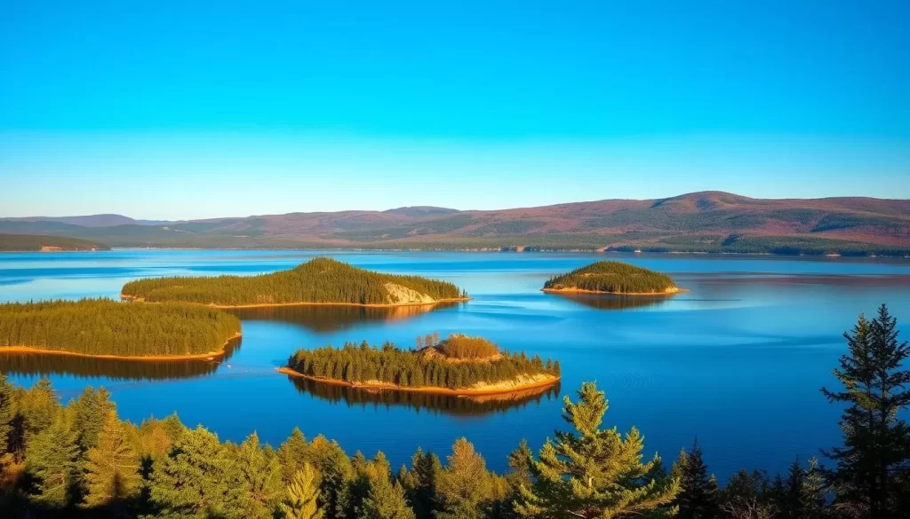 A serene, panoramic view of Big Whiteshell Lake under a clear, blue sky. In the foreground, lush, verdant forests line the shores, their reflections rippling across the calm, glassy surface of the water. In the middle ground, rocky outcroppings and small, forested islands dot the lake, inviting exploration. The background is dominated by rolling, tree-covered hills, their gentle slopes covered in a soft, autumn palette. The warm, natural lighting bathes the entire scene in a golden glow, creating a calming, picturesque atmosphere perfect for discovering the tranquility of Big Whiteshell Lake.