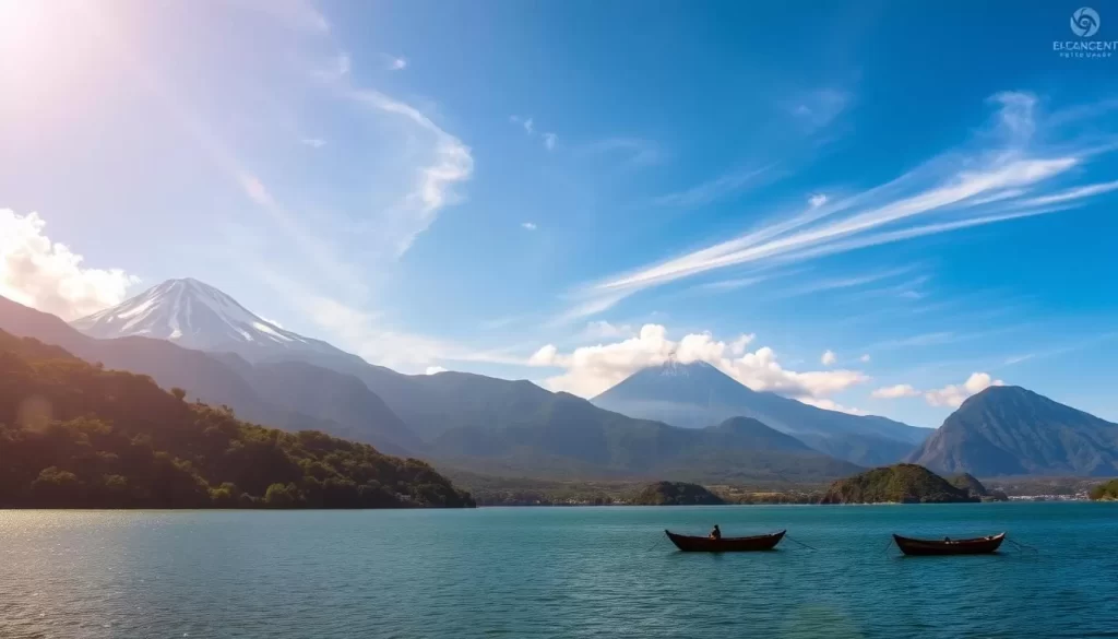 A serene panoramic view of Lake Atitlán, surrounded by the majestic Guatemalan highlands. In the foreground, the calm, crystalline waters reflect the lush, verdant shores. Towering volcanoes rise majestically in the distance, their snow-capped peaks piercing the azure sky. Warm, golden sunlight filters through wispy clouds, casting a soft, ethereal glow over the picturesque scene. Rustic boats dot the lake, adding a touch of local charm. The overall atmosphere exudes a sense of tranquility and natural beauty, perfectly capturing the essence of this treasured Guatemalan destination.