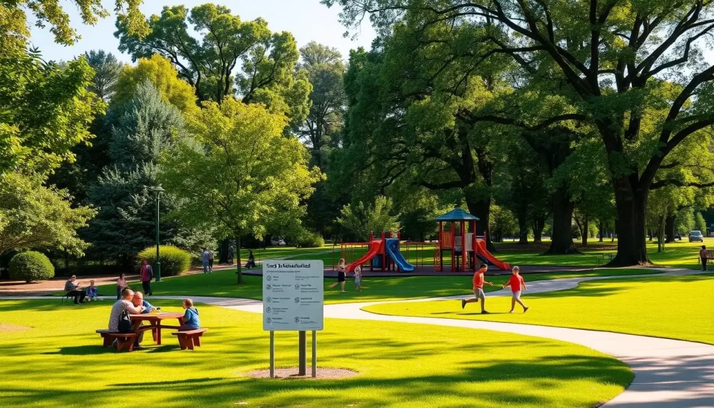 A serene park setting with lush greenery, winding pathways, and a well-maintained play area. In the foreground, a group of families enjoying a picnic, with children playfully running and exploring the supervised playground. The middle ground showcases clear signage highlighting safety guidelines and park regulations, ensuring visitors remain informed and responsible. In the background, towering trees cast gentle shadows, creating a tranquil and inviting atmosphere. Warm, natural lighting illuminates the scene, emphasizing the park's commitment to safety and well-being.