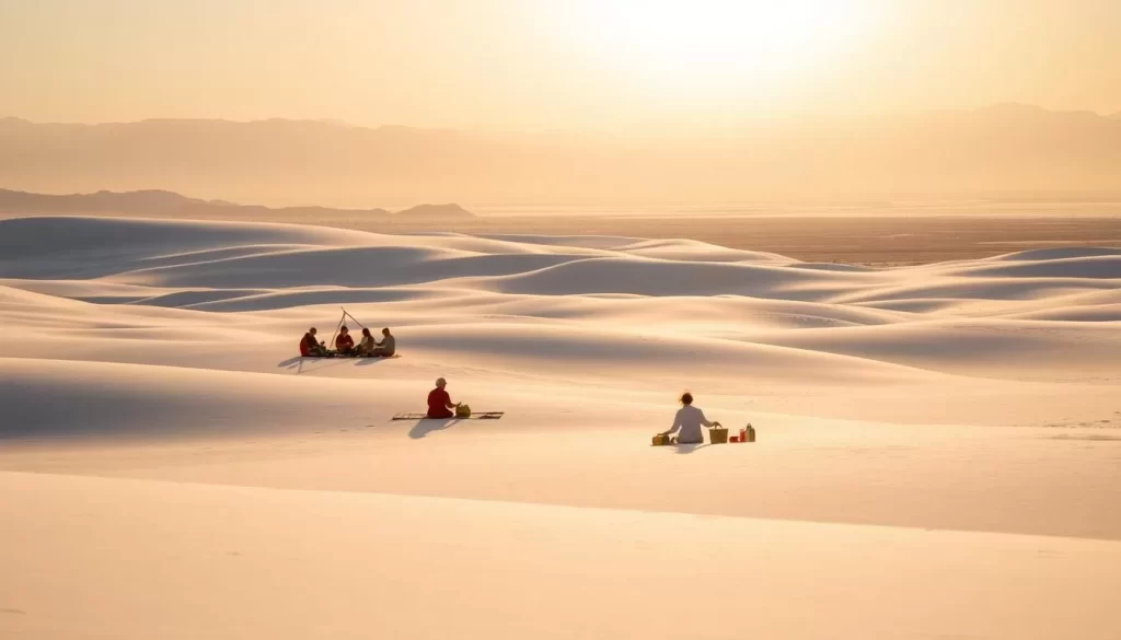 A serene picnic scene at the White Sands National Park, New Mexico. Vast expanses of pristine white sand dunes stretch out in the foreground, bathed in warm, golden sunlight. In the middle ground, a group of people enjoy a leisurely picnic, their colorful blankets and baskets contrasting beautifully against the stark, otherworldly landscape. Distant mountains rise up in the hazy background, creating a sense of tranquility and isolation. The image is captured with a wide-angle lens, emphasizing the grand, sweeping vistas that characterize this unique desert environment. An atmosphere of relaxation and wonder pervades the scene, inviting the viewer to imagine themselves immersed in this serene, picturesque setting.