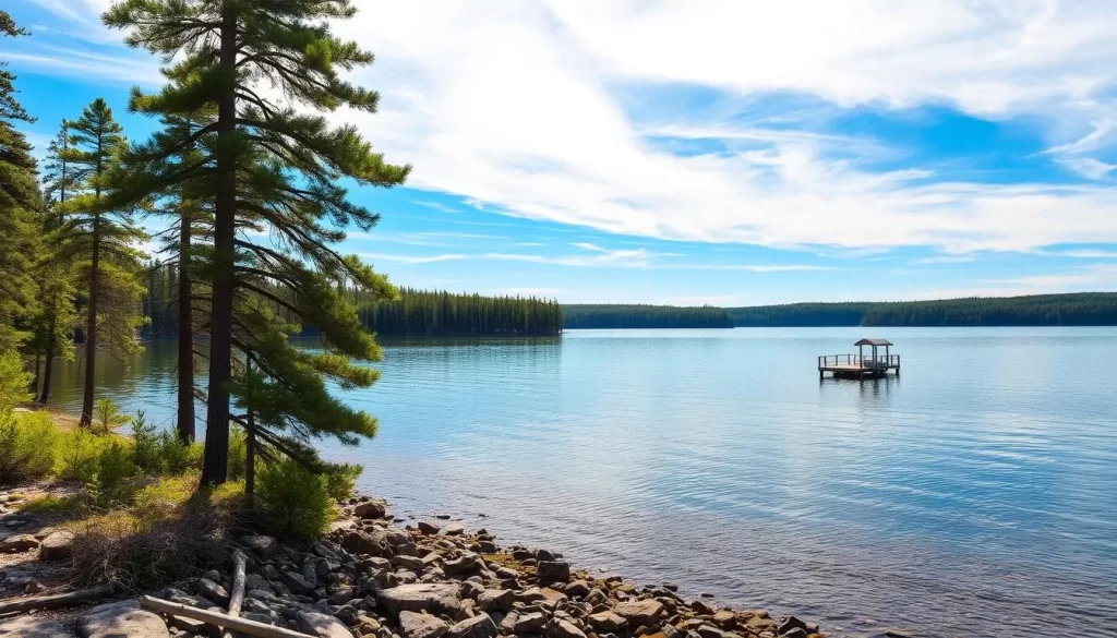 A serene, picturesque landscape of Lake Athapapuskow, nestled among the lush, verdant forests of northern Manitoba. The pristine, crystalline waters reflect the tranquil sky above, dotted with wispy clouds. In the foreground, a rocky shoreline meets the still lake, inviting peaceful exploration. Tall, ancient pines line the shore, their branches swaying gently in the soft breeze. The mid-ground features a small, quaint dock jutting out into the lake, beckoning visitors to cast a line and enjoy the tranquility. The background reveals dense, dense boreal forests stretching out to the horizon, giving a sense of scale and the vast, untamed wilderness of the region. Warm, directional sunlight bathes the scene, creating a serene, inviting atmosphere.