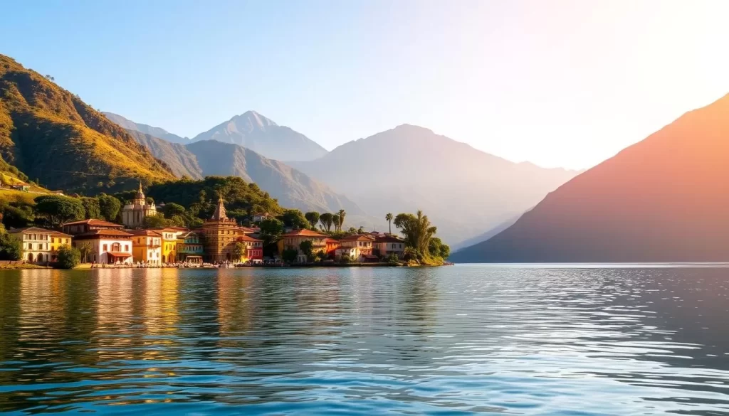 A serene, picturesque view of the stunning Lake Atitlán, nestled amidst the majestic Guatemalan highlands. In the foreground, the calm, glassy surface of the lake reflects the vibrant colors of the surrounding landscape. Middle-ground features the quaint, colorful buildings of the lakeside towns, with their distinct architectural styles. In the background, the imposing silhouettes of the volcanic peaks rise majestically, creating a breathtaking backdrop. The scene is bathed in warm, golden sunlight, casting a soft, inviting glow over the entire landscape. Capture the tranquil atmosphere and natural beauty of this picturesque Guatemalan gem.