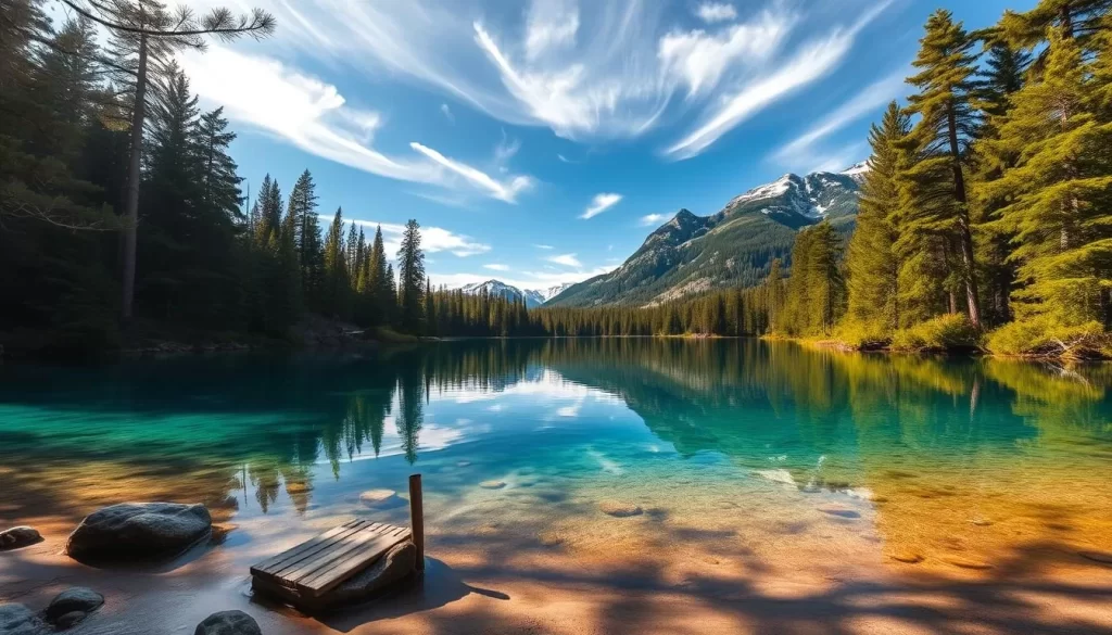 A serene, pristine lake nestled amidst a lush, verdant forest. The clear, azure waters reflect the towering pine trees and wispy clouds above, creating a captivating mirror-like surface. Sunlight filters through the foliage, casting a warm, golden glow over the tranquil scene. In the foreground, smooth rocks and sandy shores invite visitors to dip their toes and enjoy the natural wonder. The middle ground features a small, wooden dock extending into the lake, inviting exploration. In the background, rugged, snow-capped mountains rise majestically, completing the breathtaking landscape. Capture the essence of this idyllic, unspoiled wilderness in a realistic, photographic style.