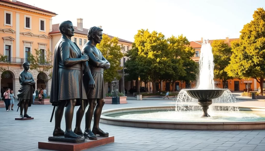 A serene public square in the historic city of Sombor, Serbia, showcasing an array of striking bronze statues. In the foreground, a group of life-sized figures stand tall, their intricate details and expressive poses capturing the essence of the local culture and heritage. The middle ground features a picturesque fountain, its cascading waters reflecting the sunlight and providing a calming ambiance. In the background, the warm, golden tones of the surrounding buildings and trees create a welcoming, inviting atmosphere, as if beckoning visitors to explore the captivating artworks. The scene is illuminated by soft, natural lighting, casting subtle shadows and highlighting the sculptural forms. Capture this charming and artistic scene, conveying the vibrant spirit of Sombor's cultural landscape.