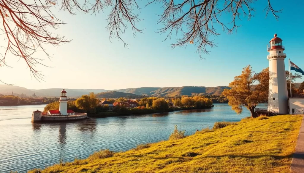 A serene riverside scene in Pančevo, Serbia, where two rivers converge. In the foreground, majestic lighthouses stand tall, their white towers and red roofs reflected in the calm waters. The middle ground features a lush, verdant shoreline dotted with swaying trees, their branches casting gentle shadows. In the background, rolling hills and a clear, azure sky create a picturesque landscape. Warm, golden sunlight bathes the scene, evoking a sense of tranquility and natural beauty. The image is captured through a wide-angle lens, providing a panoramic view that encapsulates the harmony of the river confluence and the charming lighthouses that stand as sentinels, guiding travelers along the waterways.