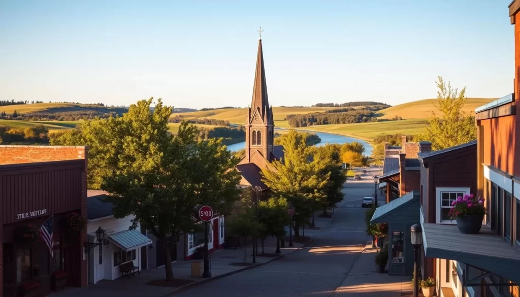 A serene rural landscape in Steinbach, Manitoba, bathed in warm afternoon sunlight. In the foreground, a charming historic main street lined with quaint shops and cafes, their facades adorned with flower-filled window boxes. In the middle ground, the steeple of a beautiful old church rises above the treetops, casting long shadows across the cobblestone streets. The background is dominated by gently rolling hills, dotted with lush green trees and a winding river reflecting the azure sky. The scene exudes a sense of timeless small-town tranquility and old-world character, perfectly capturing the essence of Steinbach's enduring charm.