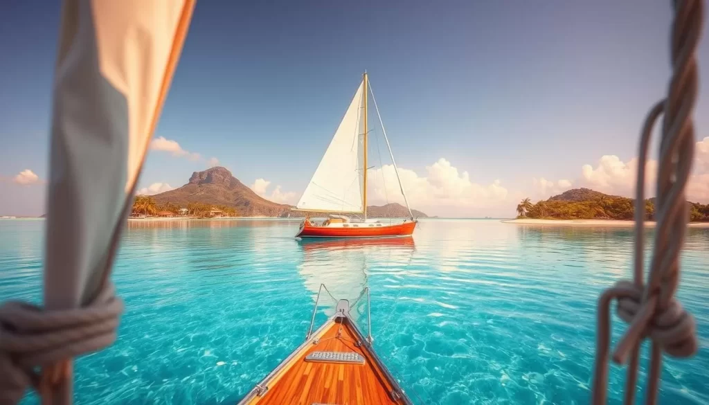 A serene sailing adventure among the picturesque San Blas Islands, Panama. Capture a vibrant wooden sailing yacht gliding across crystal-clear turquoise waters, its white sails billowing in the gentle breeze. Frame the lush, palm-fringed tropical islands rising in the background, their pristine beaches and swaying palms reflecting in the calm, mirrored surface. Bathe the scene in warm, golden sunlight that casts a soft, dreamy glow, evoking a sense of tranquility and escape. Compose the image with a focus on the sailing vessel, leaving ample negative space to convey the vastness of the archipelago.