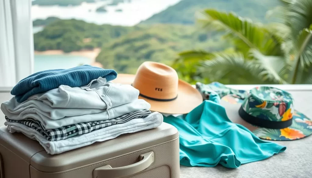 A serene scene of a traveler's packing essentials for a trip to Okinawa's diverse seasons. In the foreground, neatly folded casual wear, swimwear, and light layers rest atop a minimalist suitcase. The middle ground showcases an array of sun protection, from lightweight hats to vibrant tropical prints. In the background, glimpses of Okinawa's lush greenery and azure waters create a calming ambiance, hinting at the island's natural wonders. Soft, diffused lighting accentuates the relaxed, weather-ready vibe. The composition captures the essence of packing smartly for Okinawa's dynamic climate, inviting the viewer to envision a well-prepared, carefree journey.