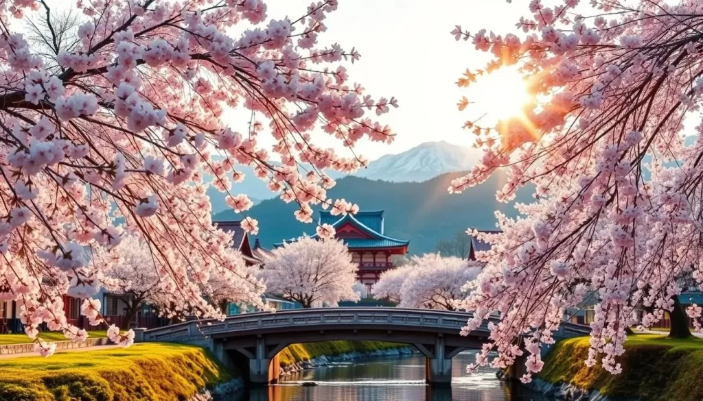 A serene scene of cherry blossoms in full bloom, adorning the rolling hills of Wakayama Prefecture, Japan. The soft, pale-pink petals cascade gracefully, creating a picturesque canopy that gently sways in the mild spring breeze. In the foreground, a quaint wooden bridge arches over a tranquil stream, its reflection mirroring the delicate beauty above. The middle ground reveals a traditional Japanese temple, its ornate architecture complementing the natural surroundings. In the distance, majestic mountains rise, their snow-capped peaks hinting at the region's diverse landscapes. Warm, golden sunlight filters through the blossoms, casting a warm, inviting glow over the entire scene.
