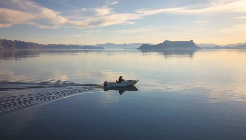 A serene scene of the Great Salt Lake, with a small boat gently gliding across the calm, mirror-like surface. The boat's occupants are enjoying a peaceful day, taking in the stunning panoramic views of the surrounding mountains and the vast, shimmering expanse of the lake. Warm, golden sunlight filters through wispy clouds, casting a soft, natural glow over the entire landscape. The boat's wake creates delicate ripples that dance across the water, adding a mesmerizing element to the tranquil atmosphere. In the distance, the iconic Antelope Island can be seen, its rugged cliffs and lush vegetation providing a picturesque backdrop to this serene boating scene.