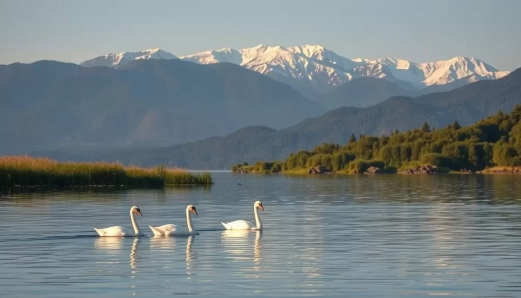 A serene scene on the tranquil waters of Kussharo Lake, Japan. In the foreground, a graceful pair of white swans glide across the shimmering surface, their elegant movements reflected in the mirror-like waters. The middle ground features the lush, verdant shoreline, dotted with tall reeds and lush vegetation. In the distance, the rugged, snow-capped peaks of the surrounding mountains rise majestically, bathed in the warm, golden glow of the afternoon sun. The overall atmosphere is one of peaceful coexistence, where nature's beauty is in perfect harmony. Capture this scene using a wide-angle lens to showcase the serene landscape, with soft, diffused lighting that accentuates the tranquil mood.