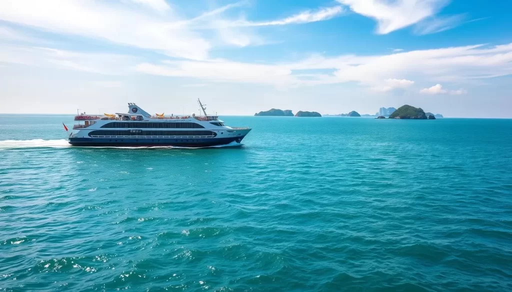 A serene seascape with the idyllic Japanese islands in the distance, surrounded by the tranquil azure waters of the East China Sea. A stately passenger ferry glides across the frame, its sleek lines and gleaming exterior reflecting the warm rays of the sun. Wispy clouds paint the sky, casting soft shadows on the gently undulating waves. The scene radiates a sense of peaceful contemplation, inviting the viewer to imagine the journey to this remote archipelago. Crisp, high-resolution details bring this tranquil transportation experience to life.