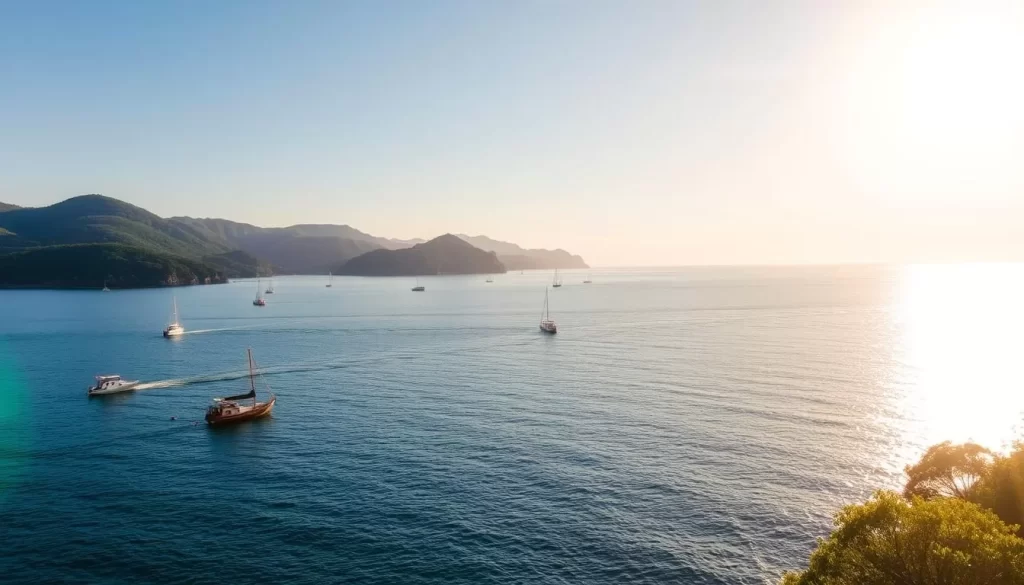 A serene seaside landscape in Kanagawa Prefecture, Japan, basking in the warm glow of a late afternoon sun. The tranquil waters of the Pacific Ocean stretch out to the horizon, dotted with traditional fishing boats bobbing gently on the waves. Along the coastline, verdant hills and lush forests create a picturesque backdrop, hinting at the region's diverse natural beauty. The scene is bathed in a soft, golden light, creating a peaceful, inviting atmosphere that captures the essence of Kanagawa's temperate, maritime climate.
