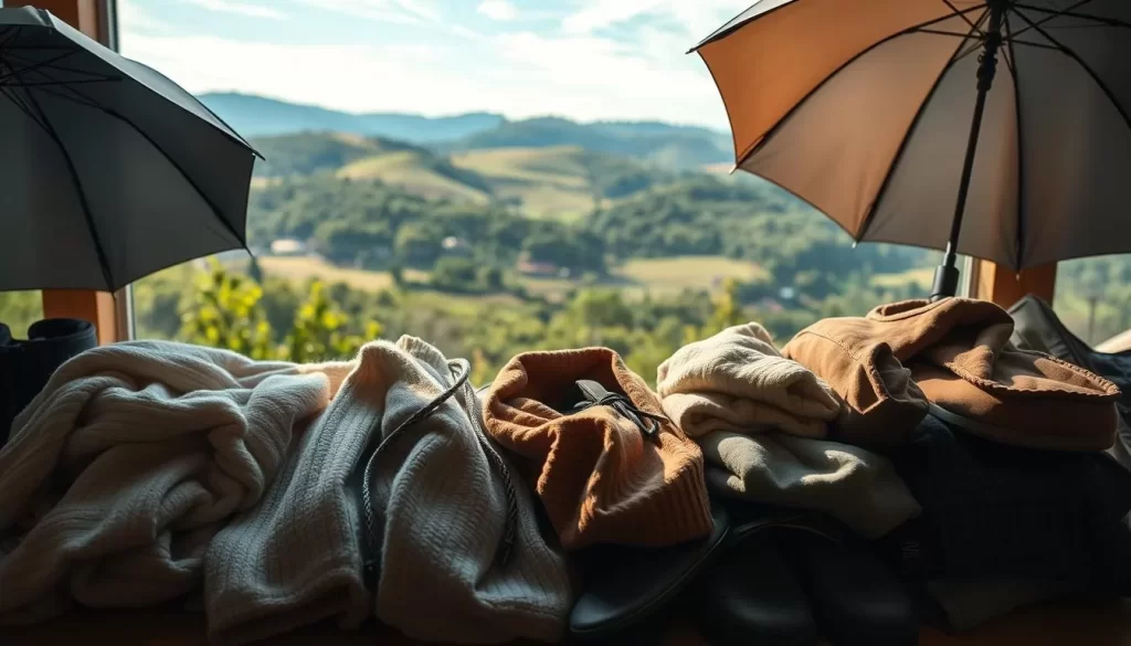 A serene snapshot of Kumamoto's seasonal packing essentials. In the foreground, a neatly arranged pile of clothing and accessories - cozy sweaters, lightweight jackets, umbrellas, and comfortable shoes. The middle ground features a picturesque background of rolling hills, lush greenery, and a clear sky with wispy clouds. Warm, diffused lighting creates a welcoming ambiance, accentuating the textural details of the fabrics and the natural elements. The overall composition conveys a sense of harmony and preparedness for Kumamoto's variable weather, inviting the viewer to envision a weather-savvy trip through the prefecture's beautiful landscapes.