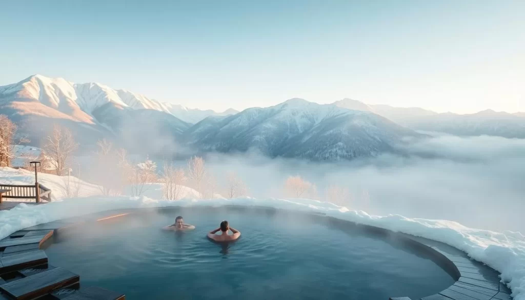 A serene, snow-dusted landscape in the mountainous region of Tokushima, Japan. In the foreground, a tranquil hot spring, its steaming waters contrasting with the crisp, cold air. Bathers soak peacefully, surrounded by towering, snow-capped peaks in the distance. The scene is bathed in soft, diffused natural light, casting a warm, inviting glow over the entire tableau. The atmosphere exudes a sense of quiet solitude and rustic charm, perfectly capturing the essence of a serene winter retreat in Tokushima.