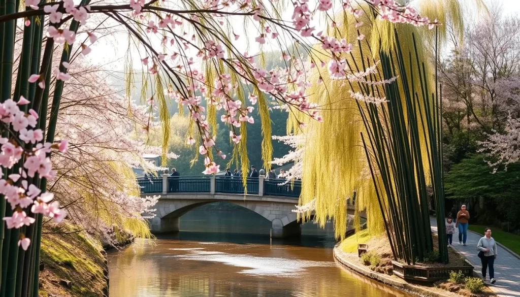 A serene spring day in Kyoto's Arashiyama district, where towering bamboo groves and cherry blossom trees create a tranquil atmosphere. Soft pink petals drift gently in the breeze, contrasting with the lush green foliage. The iconic Togetsukyo Bridge spans a picturesque river, its reflection rippling in the calm waters. Visitors stroll along the riverside paths, taking in the beauty of this iconic Japanese landscape. Warm, diffused sunlight filters through the canopy, casting a warm glow over the scene. Capture the essence of Kyoto's seasonal charm in this serene, dreamlike composition.