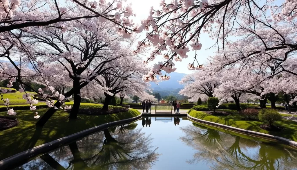 A serene spring day in Tottori's lush gardens, where rows of delicate pink cherry blossoms sway gently in the breeze. Sunlight filters through the canopy, casting a warm glow on the scene. In the foreground, a tranquil pond reflects the blossoms, creating a mirror-like effect. In the middle ground, visitors stroll leisurely along the well-maintained paths, pausing to admire the breathtaking natural beauty. The background features rolling hills and distant mountains, providing a picturesque backdrop for this quintessential Japanese landscape. Capture the essence of Tottori's springtime splendor with a high-quality, wide-angle lens to showcase the scene's depth and serenity.