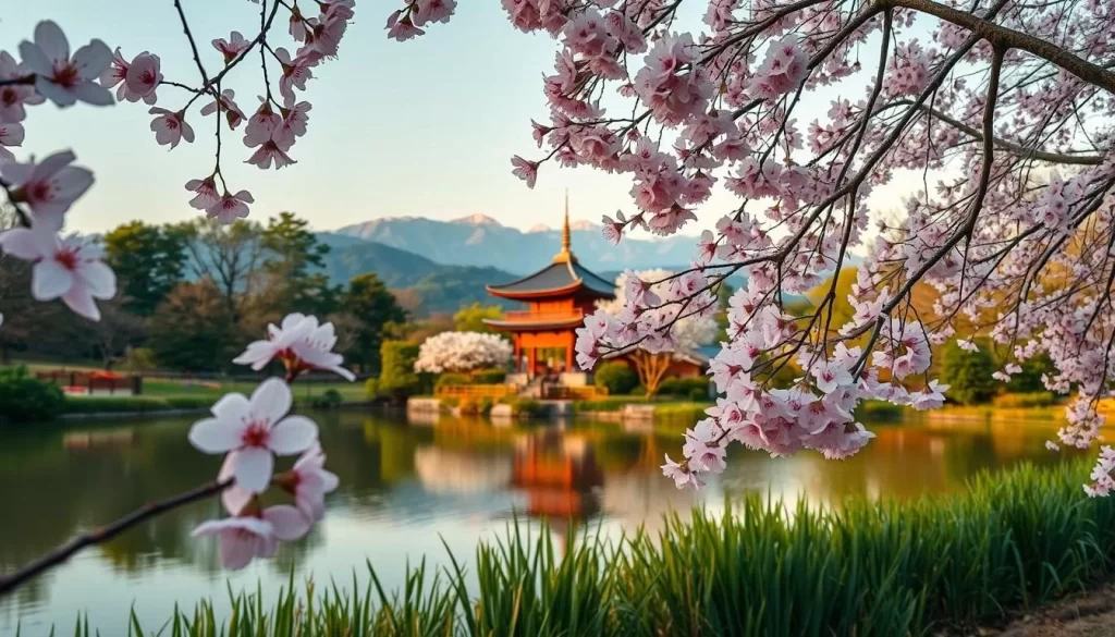 A serene spring day in a picturesque Nara landscape, with colorful cherry blossoms in full bloom adorning the foreground. A tranquil pond reflects the delicate petals, while in the middle ground, a traditional Japanese pavilion stands amid lush greenery. In the background, majestic mountains rise, bathed in warm, soft lighting, creating a harmonious and enchanting atmosphere. The scene evokes the essence of Nara's springtime charm, with a focus on the natural beauty and cultural heritage of the region.