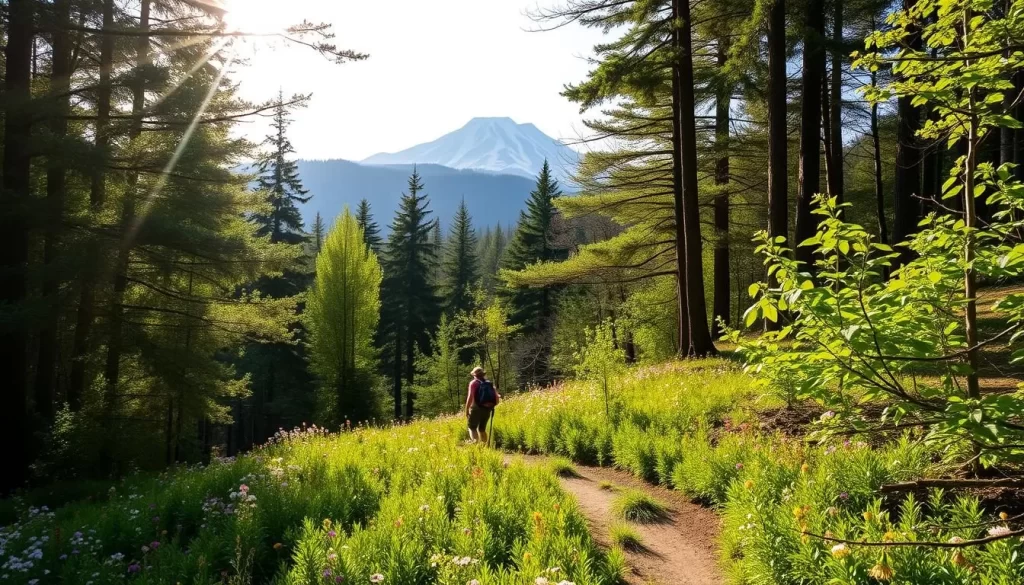 A serene spring hike through the lush forests of Nagano Prefecture, Japan. Sunlight filters gently through the verdant canopy, casting a warm glow on the winding trail ahead. In the foreground, vibrant wildflowers dot the forest floor, their petals swaying softly in the gentle breeze. Towering evergreens and deciduous trees line the path, their fresh foliage glistening with the remnants of recent rain. In the distance, the majestic snow-capped peaks of the Japanese Alps rise majestically, their stark beauty a stunning contrast to the verdant landscape. The air is crisp and clean, infused with the earthy scents of the awakening forest. A serene and tranquil scene that perfectly captures the essence of springtime in Nagano.