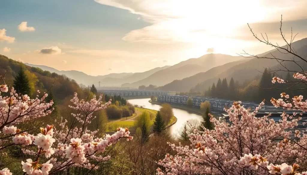 A serene spring landscape in Iwate Prefecture, Japan. A picturesque mountainous backdrop frames a lush, verdant foreground of blooming cherry blossoms and budding foliage. Soft, diffused natural light filters through wispy clouds, casting a warm, golden glow across the scene. In the middle ground, a winding river reflects the surrounding beauty, its tranquil waters flanked by rows of traditional Japanese buildings. The atmosphere exudes a sense of tranquility and renewal, perfectly capturing the essence of springtime in this stunning region.