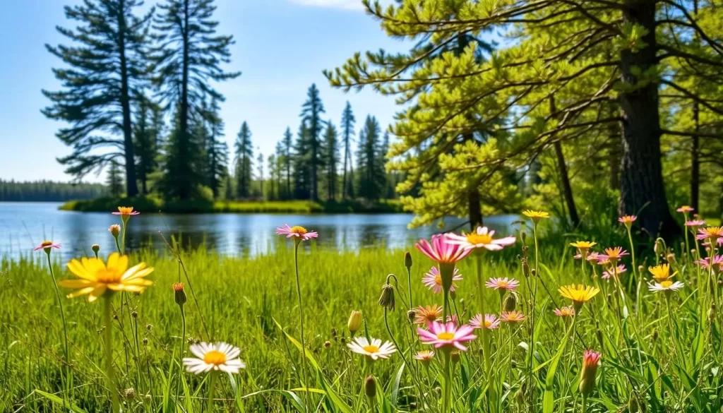 A serene springtime scene at Cedar Lake, Manitoba, Canada. In the foreground, vibrant wildflowers sway in a gentle breeze, their delicate petals capturing the warm sunlight. The middle ground features a tranquil lake, its glassy surface reflecting the lush, verdant shoreline. In the background, towering cedar trees stand tall, their branches adorned with fresh, green foliage. The overall atmosphere is one of peaceful natural beauty, inviting viewers to immerse themselves in the picturesque lakeside setting and observe the abundant local wildlife.
