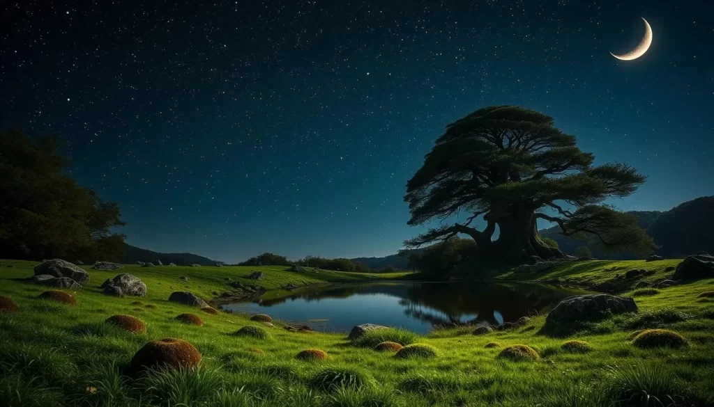 A serene stargazing scene on the lush, verdant island of Yakushima. In the foreground, a grassy meadow dotted with ferns and moss-covered rocks. The middle ground features a majestic, ancient cedar tree, its twisted branches reaching up towards the heavens. In the background, the inky night sky is ablaze with twinkling stars, their reflections dancing on the still surface of a tranquil pond. The soft glow of a crescent moon illuminates the scene, casting a warm, ethereal light over the entire landscape. The atmosphere is one of profound peace and wonder, inviting the viewer to pause and lose themselves in the splendor of the celestial display.