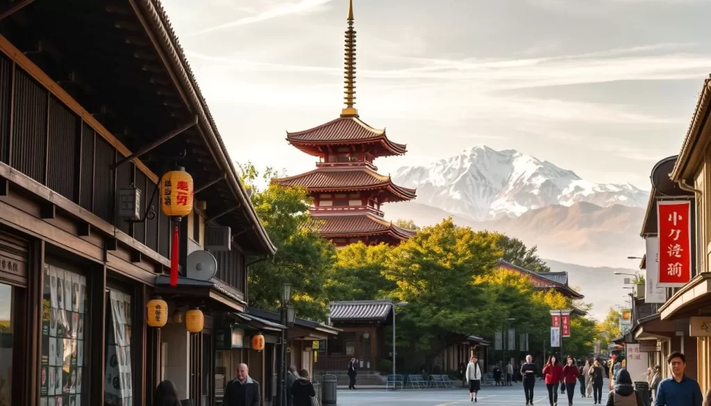 A serene street scene in Niigata, Japan, on a pleasant day. In the foreground, traditional wooden buildings and shops line the narrow streets, their facades adorned with intricate carvings and noren curtains. Pedestrians stroll leisurely, some pausing to admire the elegant paper lanterns and wind chimes that sway gently in the breeze. In the middle ground, a historic temple with a pagoda roof rises, its red-tiled architecture contrasting with the lush greenery surrounding it. In the background, the majestic snow-capped peaks of the Northern Alps form a picturesque backdrop, bathed in warm, golden sunlight filtering through wispy clouds. The overall scene exudes a serene, timeless quality, capturing the essence of Niigata's rich cultural heritage.
