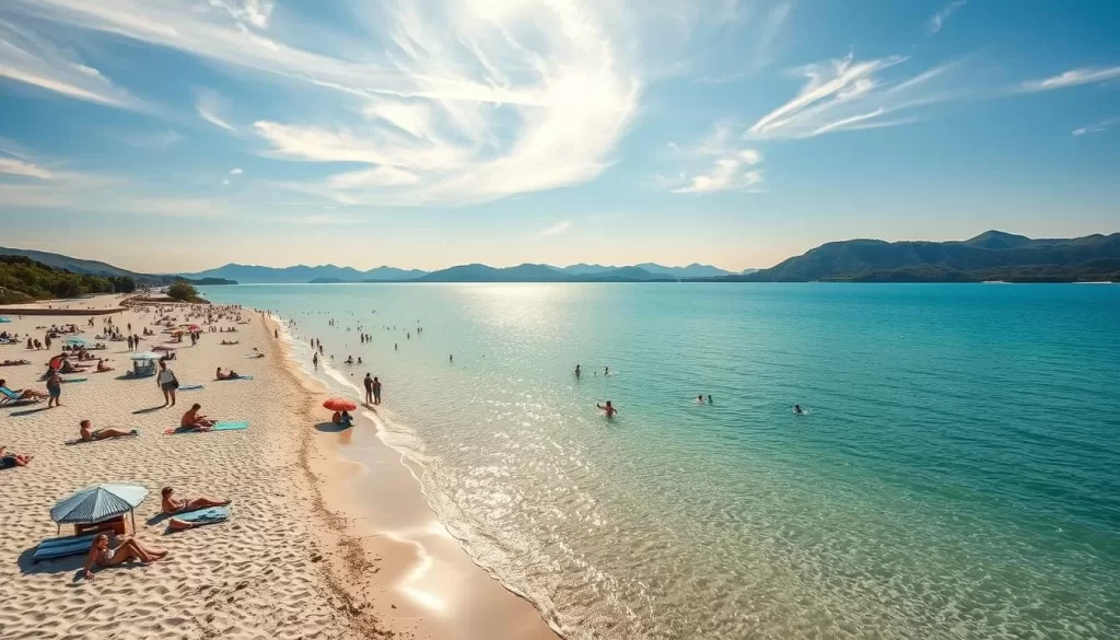 A serene summer day at the tranquil shores of Lake Inawashiro. White sandy beaches dotted with sunbathers and beachgoers, some wading in the crystal-clear azure waters. Families pitch colorful umbrellas and set up picnics, children building sandcastles and splashing in the shallow waves. In the distance, lush green mountains rise, their peaks reflected in the shimmering lake. Warm sunlight filters through wispy clouds, casting a golden glow over the idyllic scene. A gentle breeze ruffles the surface of the lake, waves lapping softly against the shore. Capture the peaceful atmosphere and joyful summer activities at this stunning natural wonder of Japan.