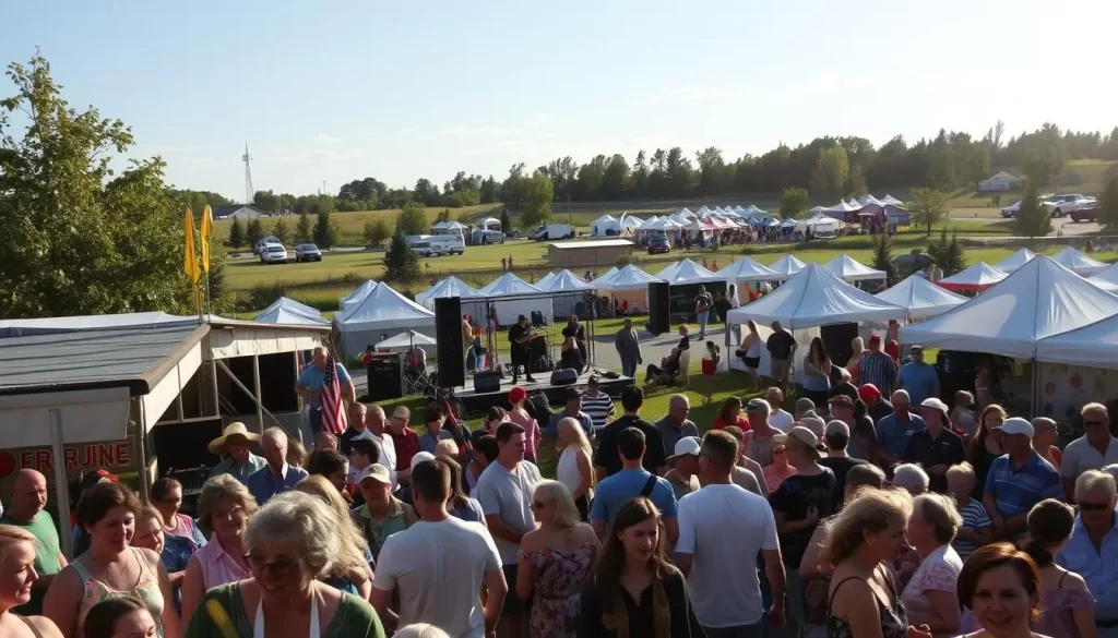 A serene summer day in Manitoba, Canada, with a vibrant festival scene unfolding. In the foreground, a bustling crowd gathers around colorful food stalls, their laughter and conversations creating a lively atmosphere. In the middle ground, a traditional stage showcases local musicians, their music echoing through the air. In the distance, a collection of tents and pavilions dot the landscape, signifying the diverse cultural and artistic offerings of the festival. The sun casts a warm, golden glow over the scene, accentuating the festive mood. The overall impression is one of a thriving, community-driven celebration of Manitoba's rich heritage and vibrant spirit.