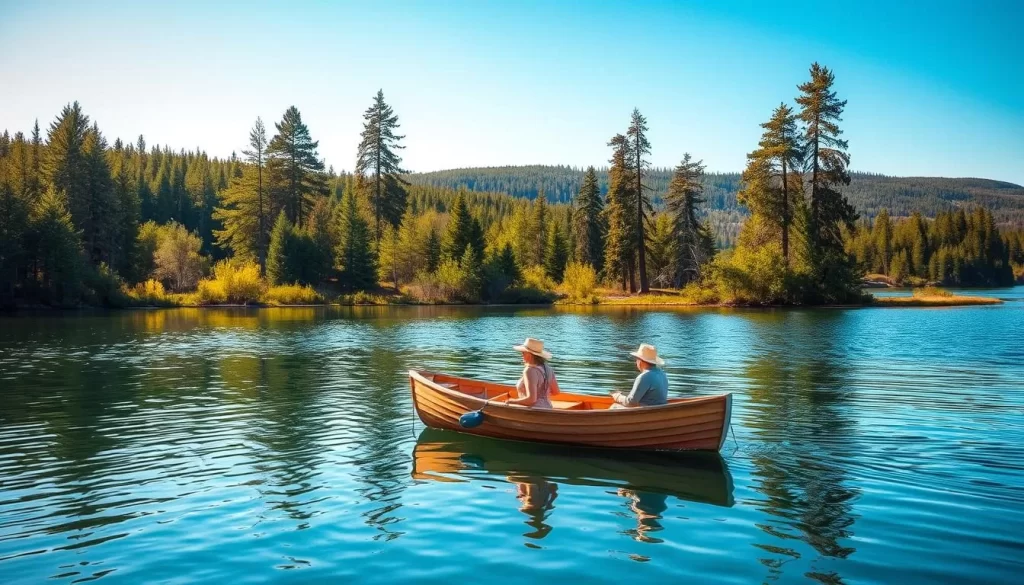 A serene summer day on Clearwater Lake, Manitoba. A wooden rowboat gently drifting on the calm, crystal-clear waters, surrounded by the lush, verdant shores of the provincial park. Warm sunlight filters through the dense forest canopy, casting a soft, diffused glow across the scene. In the foreground, the boat's occupants take in the tranquil beauty, their figures reflected in the still surface. Towering pines and vibrant evergreens line the middle ground, while distant hills fade into a hazy blue horizon. An atmosphere of peaceful solitude and natural wonder pervades the idyllic lakeside setting.