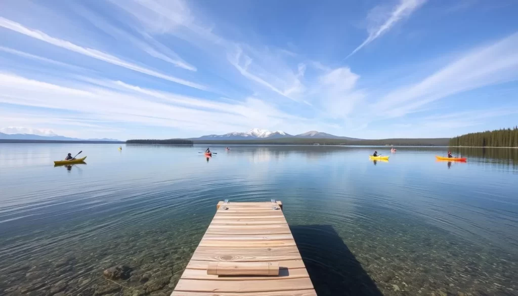 A serene summer day on the shores of Great Slave Lake, Northwest Territories. In the foreground, a wooden dock extends into the crystal-clear waters, inviting visitors to dive in or cast a line. Kayaks and canoes dot the tranquil surface, their paddles gently rippling the reflections of the towering boreal forest lining the far shore. Wispy clouds drift overhead, casting a soft, natural lighting over the scene. In the distance, the iconic silhouette of the Mackenzie Mountains rises, their snow-capped peaks reaching towards the boundless sky. The overall atmosphere evokes a sense of peaceful escapism, perfect for a day trip from the nearby city of Yellowknife.
