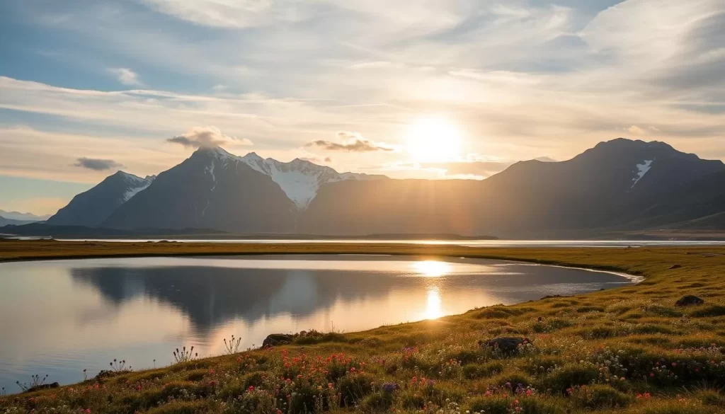 A serene summer landscape in Nunavut, Canada, bathed in the warm glow of the midnight sun. Rugged mountains rise in the distance, their peaks kissed by soft, wispy clouds. In the foreground, a picturesque lake reflects the surrounding tundra, alive with the vibrant colors of wildflowers and the playful movements of Arctic wildlife. The scene is illuminated by a soft, diffused light, creating a dreamlike atmosphere that captures the essence of the Midnight Sun experience in this remote northern region.