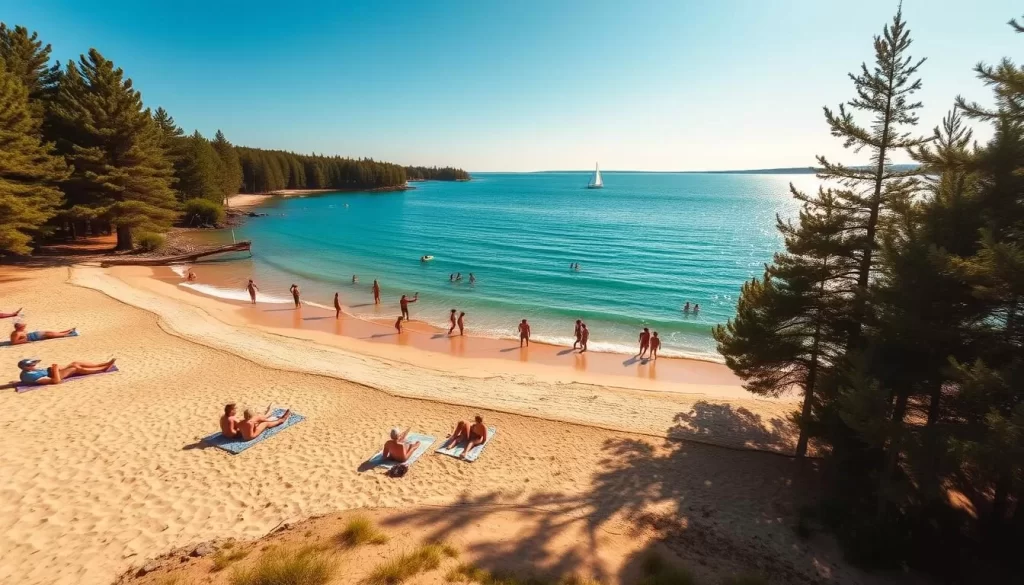 A serene summer scene of West Hawk Lake's picturesque beach. Soft golden sand stretches between lush pine trees and the glistening turquoise waters of the lake. People lounge on blankets, paddle in the shallows, and frolic in the gentle waves. Bright sunshine illuminates the idyllic landscape, casting warm shadows and sparkling reflections. A few sailboats dot the horizon, adding to the peaceful, laid-back atmosphere. Capture the essence of this quintessential Manitoba lakeside retreat, a perfect setting for swimming, sunbathing, and lakeside relaxation.