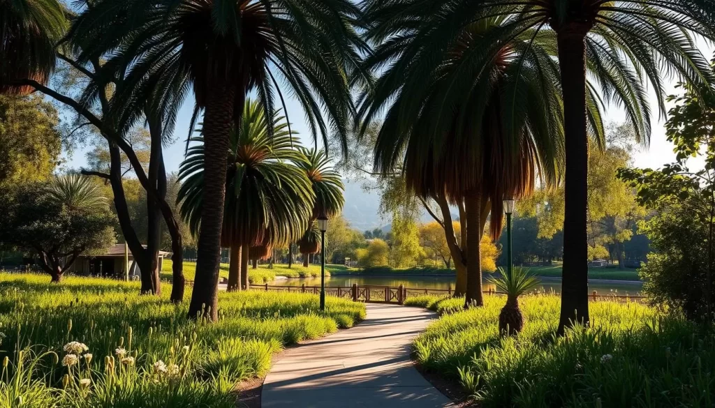 A serene, sun-dappled grove in a hidden Los Angeles park, with towering palms casting gentle shadows on a winding path leading to a tranquil pond. In the foreground, wildflowers dot the lush, verdant landscape, while in the distance, majestic mountains peek through the canopy of trees. The scene is bathed in a warm, golden glow, creating a sense of peaceful seclusion, inviting the viewer to discover this unexpected oasis amidst the urban landscape.