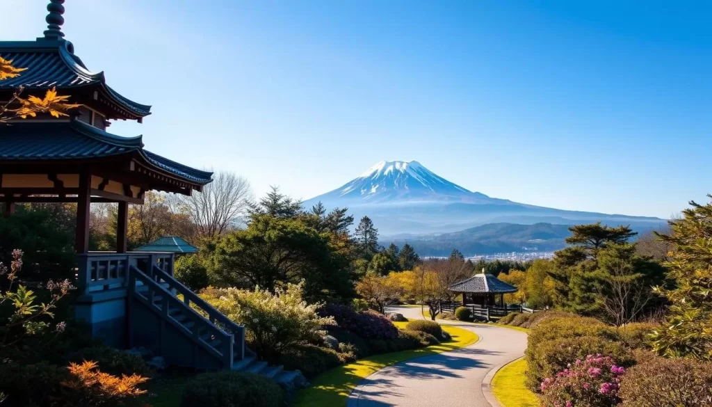 A serene, sun-dappled landscape in Ishikawa Prefecture, Japan, capturing the ideal time to visit. In the foreground, a tranquil garden with a traditional Japanese pavilion, its graceful architecture bathed in warm, golden light. The middle ground features a winding path, inviting visitors to explore, with lush foliage and blooming flowers lining the way. In the background, the iconic silhouette of Mount Hakusan rises majestically, its snow-capped peaks glowing against a clear, azure sky. The scene conveys a sense of peaceful solitude, free from the crowds and high prices of peak travel seasons, allowing for a truly immersive and serene Japanese experience.
