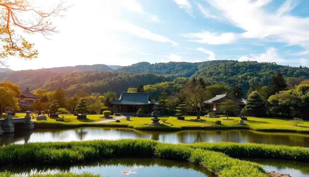 A serene, sun-dappled landscape in Nara Prefecture, Japan. In the foreground, a tranquil koi pond with lush, verdant banks. Across the middle ground, a traditional Japanese garden with carefully pruned bonsai trees and a winding stone path. In the background, rolling hills draped in a verdant tapestry of deciduous and evergreen forests, beneath a warm, diffused light filtering through wispy clouds. The scene conveys the peaceful, contemplative atmosphere of Nara's temperate climate, highlighting the natural beauty and harmonious integration of man-made and natural elements that characterize the region.