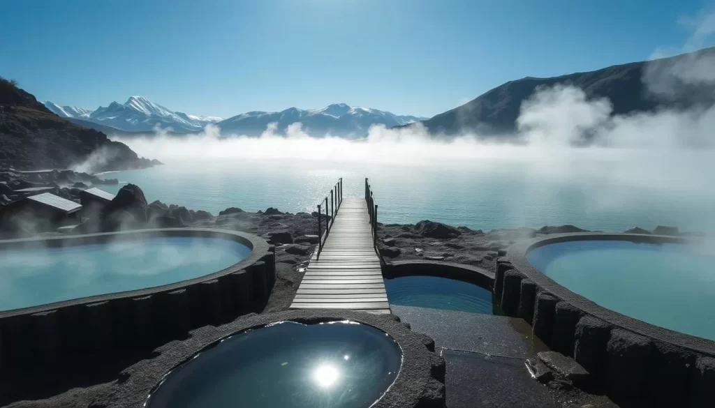 A serene, sun-dappled scene at Kussharo Lake's hot springs, nestled amidst the rugged, volcanic landscape of Japan's Akan National Park. In the foreground, gently steaming, turquoise thermal pools invite visitors to soak and unwind. The middle ground features a wooden boardwalk leading towards the shore, where mist rises from the lake's tranquil surface. In the distance, snow-capped peaks frame the calming, natural vista. Soft, natural lighting enhances the earthy, therapeutic atmosphere, inviting a sense of relaxation and rejuvenation.