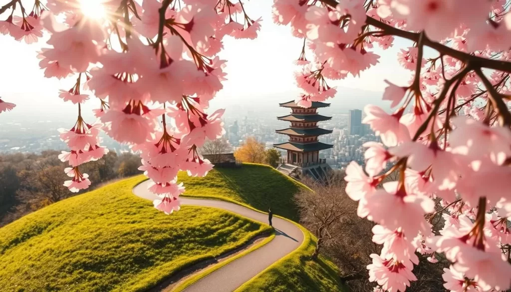 A serene, sun-dappled scene of Yamaguchi City's iconic cherry blossoms. In the foreground, delicate pink petals cascade gracefully, framing a winding path through a lush, verdant landscape. In the middle ground, a historic pagoda rises majestically, its weathered architecture contrasting with the vibrant blooms. The background reveals a panoramic view of the city, its modern skyline softened by the hazy, golden light of a spring afternoon. The composition evokes a sense of tranquility and timeless beauty, inviting the viewer to immerse themselves in the serene charm of this Japanese gem.