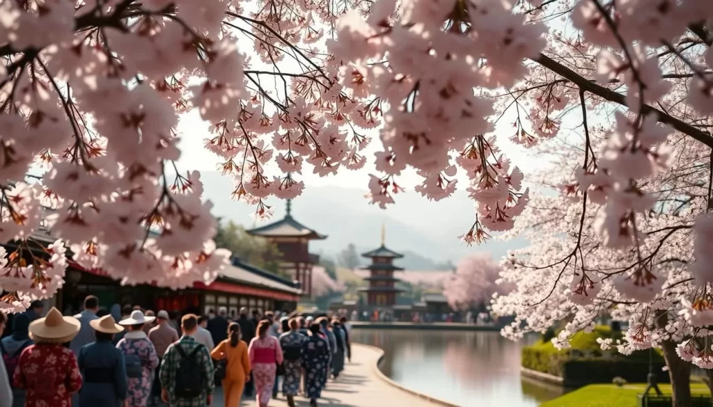 A serene, sun-dappled scene of a traditional Japanese cherry blossom festival in Yamanashi Prefecture. In the foreground, delicate pink blooms cascade from graceful boughs, framing a crowd of yukata-clad visitors strolling reverently along a lantern-lit path. In the middle ground, a tranquil pond reflects the blossoms and a classic pagoda-style temple. The background features rolling hills blanketed in a soft pink haze, evocative of the fleeting nature of the sakura season. Gentle natural lighting and a shallow depth of field create an atmosphere of tranquility and timelessness, inviting the viewer to experience the respectful, immersive spirit of this cherished cultural celebration.