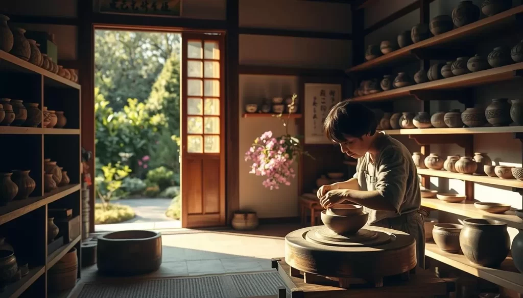 A serene, sun-dappled scene of a traditional Japanese craft workshop in Akita. In the foreground, a skilled artisan delicately shapes a piece of pottery on a wooden wheel, their hands guiding the clay with practiced precision. Shelves along the walls display an array of handcrafted ceramics, their intricate designs and earthy tones testifying to the rich cultural heritage. Through the open doorway, a lush garden comes into view, its vibrant greenery and blooming flowers creating a peaceful, natural backdrop. Soft, warm lighting filters in, casting a gentle glow over the entire space and imbuing the scene with a sense of timeless craftsmanship.