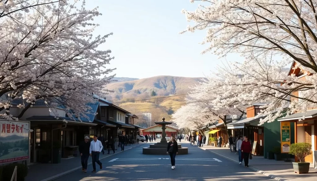 A serene, sun-dappled street in Shiga Prefecture, Japan, lined with traditional Japanese buildings and cherry blossom trees in bloom. A few pedestrians casually stroll, enjoying the mild weather and scenic surroundings. The middle ground features a tranquil public plaza, where locals and visitors gather to chat, relax, and take in the peaceful atmosphere. In the background, the rolling hills of the Shiga countryside create a picturesque backdrop. The scene is bathed in warm, natural lighting, captured with a wide-angle lens to convey a sense of expansive serenity and space.