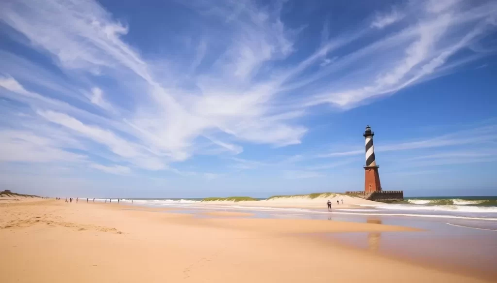 A serene, sun-drenched beach along the Cape Hatteras National Seashore in North Carolina. Soft, golden sand stretches as far as the eye can see, dotted with families and beachgoers enjoying the tranquil waves lapping at the shore. In the distance, a weathered lighthouse stands tall, a testament to the rugged beauty of this coastal paradise. Overhead, wispy clouds drift across a brilliant azure sky, casting gentle shadows on the scene below. The warm, salty breeze carries the scent of the sea, inviting visitors to relax and soak in the breathtaking natural splendor of this award-winning beach destination.