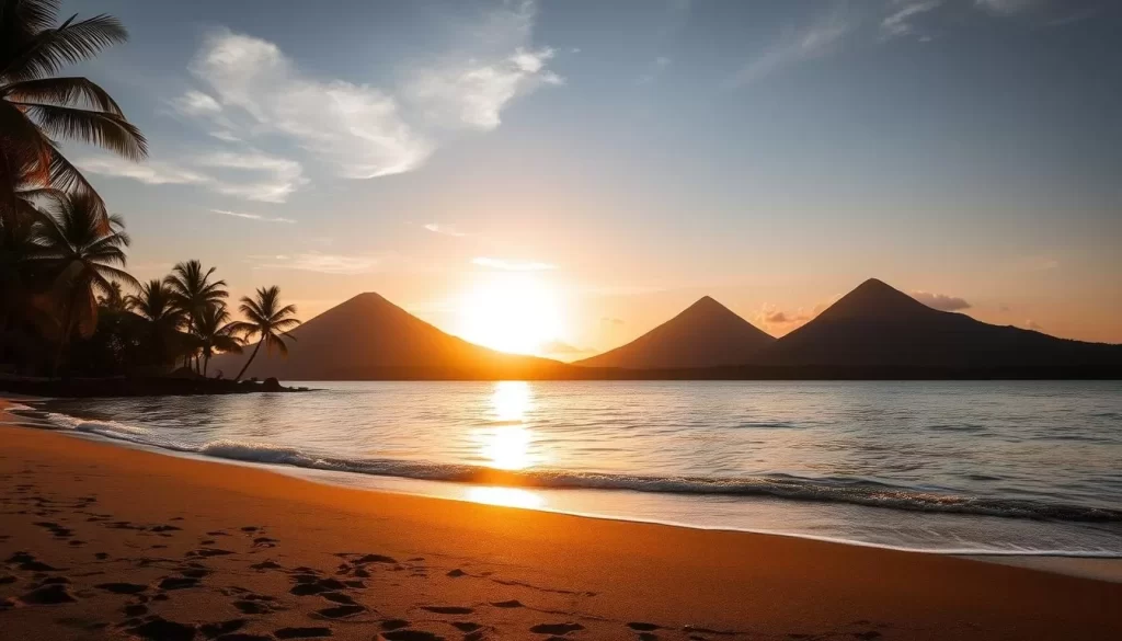 A serene sunset illuminates the tranquil shores of Ometepe Island, Nicaragua. The golden rays dance across the gently lapping waves, casting a warm, inviting glow. In the foreground, fine, dark sand leads to a calm, crystalline sea dotted with the silhouettes of swaying palm trees. The middle ground showcases the lush, verdant slopes of the island's dual volcanic peaks, their majestic forms silhouetted against the vibrant orange and pink hues of the evening sky. Wispy clouds drift lazily overhead, completing the picturesque scene of natural beauty and serenity.