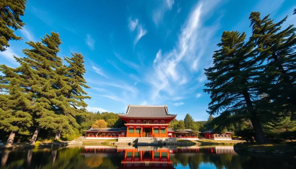 A serene temple nestled in the heart of Kōfu City, Japan. The Takeda Shrine stands tall, its intricate architecture and vibrant vermilion hues reflecting in the tranquil pond before it. Towering cedar trees frame the scene, casting gentle shadows across the grounds. The sky is a brilliant azure, with wispy cirrus clouds drifting overhead. A photographer captures the essence of this unique cultural experience, using a wide-angle lens to showcase the shrine's grandeur and the peaceful ambiance of the surrounding landscape. This image encapsulates the extraordinary and authentic spirit of Kōfu, inviting viewers to step into a world of timeless Japanese tradition.